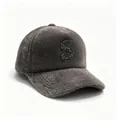 Close-up of a grey faux mink fur baseball cap featuring a sparkly rhinestone letter S. - S Gray / Adult Size Hat Circumference 58cm Adjustable.