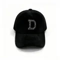 Black faux fur baseball cap with sparkling rhinestone letter D design. - D-Black / Adult Size Hat Circumference 58cm Adjustable.