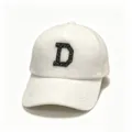 Close-up detail of white faux fur baseball cap featuring a black sequined D patch. - D-Letter White / Adult Size Hat Circumference 58cm Adjustable.