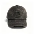 Grey faux mink fur baseball cap featuring a sparkling rhinestone letter D design - Gray (D) / Adult Size Hat Circumference 58cm Adjustable.