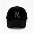 Premium black faux mink fur baseball cap featuring a sparkling rhinestone R letter patch - R Black / Adult Size Hat Circumference 58cm Adjustable.