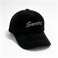 Close-up of black mink fur baseball cap with glittering rhinestone 'Sweet' text - SWEET Black / Adult Size Hat Circumference 58cm Adjustable.