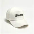 Close-up of white fuzzy baseball cap featuring sparkly Sweet rhinestone lettering - White (Sweet) / Adult Size Hat Circumference 58cm Adjustable.