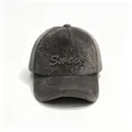 Close-up detail of gray faux fur baseball cap featuring rhinestone Sweet embroidery - Sweet Gray / Adult Size Hat Circumference 58cm Adjustable.