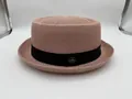 Elegant dusty rose woven straw fedora hat featuring black ribbon band and crown logo pin - Embossed Pink / 57cm
