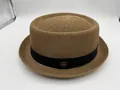 Premium unisex khaki woven straw jazz hat with a black ribbon band and metal emblem - Embossed Khaki / 57cm