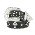 Ceinture en cuir noir de style western avec strass étincelants, clous et boucle croix - Croix / 120cm