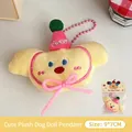 Cute yellow plush dog doll keychain featuring a pink party hat and bow, 9x7cm size - Cute Dog Plush Toy Pendant