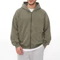Felpa con cappuccio e zip da uomo in cotone vintage lavato 320G, vestibilità ampia - M / Tops / Verde Militare