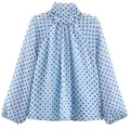 Gedetailleerd vooraanzicht van lichtblauwe blouse met zwarte stippen en pofmouwen - Blauw / XS
