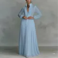 Robe longue plissée à manches longues bleu clair élégante avec col en V et taille cintrée - 3XL / Style Longueur Sol à Manches Longues et Col en V / Bleu