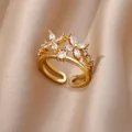 Detailed close-up of 18K gold plated open ring with double sparkling zircon flower design - Double Layer Parallel Floral Style (G7184049)