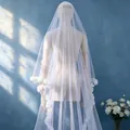 Double-layer bridal wedding veil with elegant 3D flower decorations and pearl accents - White