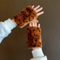Stylish warm leopard print faux fur fingerless gloves for winter with soft suede lining. - One Size / S214 Brown Leopard