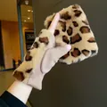 Women's leopard print suede winter gloves with plush lining and fingerless design. - One Size / S214 Khaki Leopard