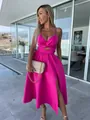 Elegant hot pink deep V-neck maxi dress with cutout waist and high leg slit detail. - S / Top And Bottom / Rose Red
