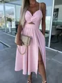Elegant pink deep V-neck cutout maxi dress with high slit and thin spaghetti straps for summer - S / Top And Bottom / Light Pink