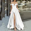 Elegant white off-the-shoulder V-neck evening gown with sexy high slit design style - White / US2