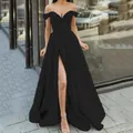 Elegant black off-the-shoulder evening gown featuring a high slit and deep V-neckline. - Black / US2