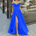 Royal blue off-the-shoulder evening gown with a high slit and sweetheart neckline - Blue / US2