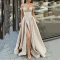 Elegant off-shoulder champagne satin evening gown featuring V-neckline and sexy high side slit - Apricot / US2