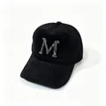Detailed macro view of a black faux mink fur baseball cap with rhinestone letter M - Rick Morty McDonald Black / Adult, Hat Circumference 58cm Adjustable