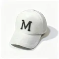 Detailed view of a white plush baseball cap featuring a black rhinestone letter M - Rick Morty McDonald White / Adult, Hat Circumference 58cm Adjustable