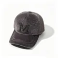 Detail of grey faux fur baseball cap with sparkling rhinestone letter M ornament - M Grey / Adult, Hat Circumference 58cm Adjustable