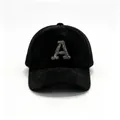 Close-up of a black mink fur baseball cap with sparkling rhinestone letter A decoration - A Black / Adult, Hat Circumference 58cm Adjustable