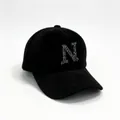 Close-up of black fuzzy mink-like baseball cap with rhinestone letter N decoration - N Black / Adult, Hat Circumference 58cm Adjustable