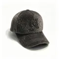 Close-up detail of grey faux mink fur baseball cap with a sparkling rhinestone letter N. - Gray (N) / Adult, Hat Circumference 58cm Adjustable