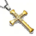 Two-tone gold and silver men's cross pendant necklace with sparkling crystal inlay - Double Layer With Stainless Steel Chain / Gold