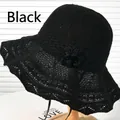 Elegante cappello da sole all'uncinetto nero a tesa larga per le vacanze estive - Stile Maglia al Loto / Nero