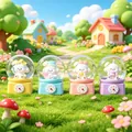 Decorative set of four cute cartoon white dog glowing snow globes in pastel colors. - Chubby Puppy Style (NO.103) / 45# Light + Snow (Random One)