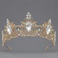 Tiara de mariée dorée luxueuse avec de grands cristaux en forme de poire - Style à Trois Grands Diamants(TS-J3364G)