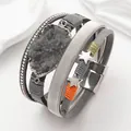 Bracelet multicouche en cuir gris avec pierre druzy et breloques étoiles pour femme - Gris