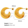 Polished gold stainless steel C-shaped hoop earrings with size and weight specifications - Water Drop Geometric C-Shape Earrings (EH230G) / Gold