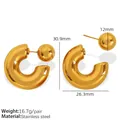 Golden geometric C-shaped stainless steel stud earrings with detailed size measurements - Thick C-Shape Ring With Ball Stud Earrings (EH591G)