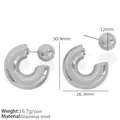 Polished silver stainless steel C-shape geometric hoop earrings with ball stud detail - Thick C-Shape Ring With Ball Stud Earrings (EH591S)