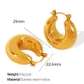 Polished golden chunky C-shaped stainless steel hoop earrings with 25mm diameter measurement - Minimalist Geometric Hollow C-Shape Earrings (EH602G)
