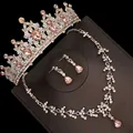 Luxury rose gold bridal jewelry set including crown and necklace with pink crystals - Stud Pin Style / Three-Piece Set / Gold (Peach Rhinestone)