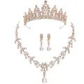 Elegantes Brautschmuck-Set in Roségold mit Kristall-Tiara, Halskette und Tropfenohrringen - Ohrclips / Dreiteiliges Set / Gold