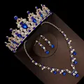 Luxury bridal jewelry set with blue crystals tiara necklace and earrings - No. 3 Pierced Style / Three-Piece Set / Silver (Blue Rhinestone)