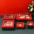 Set de cajas de regalo de Navidad rojas y verdes con ventana, lazos y asas de cuerda - Con Cuerda de Transporte (12*12*10cm) / Rojo