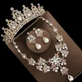 Elegant rose gold bridal jewelry set featuring tiara, necklace, and rhinestone earrings - No. 2 Pierced Style / Three-Piece Set / Gold (White Stone)
