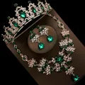 Elegant bridal jewelry set featuring emerald green teardrop stones and gold-tone tiara - No. 2 Pierced Style / Three-Piece Set / Gold (Green Rhinestone)