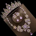Elegant bridal jewelry set with purple crystals including tiara, necklace and earrings - No. 2 Pierced Style / Three-Piece Set / Gold (Purple Rhinestone)