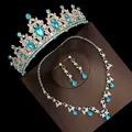 Elegant bridal jewelry set with blue teardrop stones and tiara in silver finish. - No. 3 Pierced Style / Three-Piece Set / Silver (Lake Blue Rhinestone)