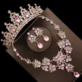 Elegant bridal jewelry set featuring a pink crystal tiara necklace and drop earrings - No. 2 Pierced Style / Three-Piece Set / Gold (Pink Rhinestone)