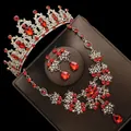 Elegant bridal jewelry set featuring a luxury crown, necklace, and earrings with red crystals - No. 2 Pierced Style / Three-Piece Set / Gold (Red Stone)